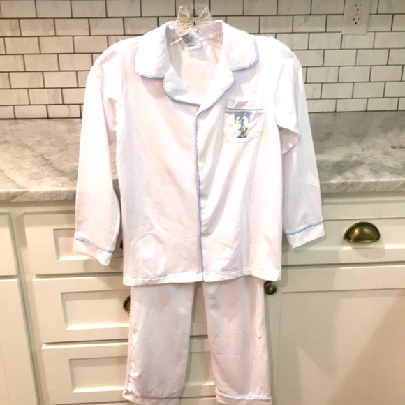 LTC Boutique Pajama Set Boys 8 White Blue Embroidered T Initial New with Tags - Picture 1 of 7
